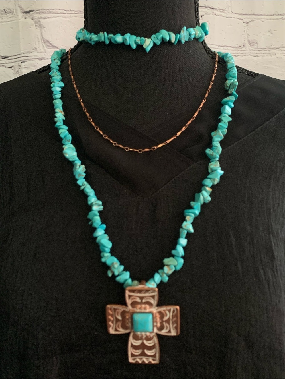 Shyanne Turquoise Chip Copper Cross Pendant Layered Necklace